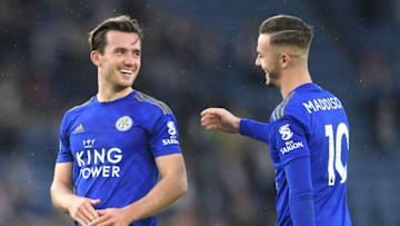 LEICESTER, ENGLAND - OCTOBER 19: James Maddison of Leicester City celebrates with teammate Ben Chilwell following the Premier League match between Leicester City and Burnley FC at The King Power Stadium on October 19, 2019 in Leicester, United Kingdom. (Photo by Michael Regan/Getty Images)