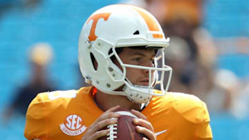 CHARLOTTE, NC - SEPTEMBER 01: Keller Chryst #19 of the Tennessee Volunteers warms up before their game against the West Virginia Mountaineers at Bank of America Stadium on September 1, 2018 in Charlotte, North Carolina. (Photo by Streeter Lecka/Getty Images)