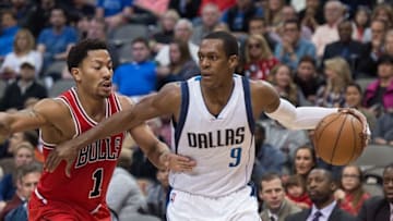 Jan 23, 2015; Dallas, TX, USA; Chicago Bulls guard Derrick Rose (1) guards Dallas Mavericks guard Rajon Rondo (9) during the game at the American Airlines Center. The Bulls defeated the Mavericks 102-98. Mandatory Credit: Jerome Miron-USA TODAY Sports