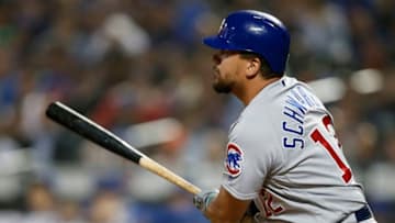 NEW YORK, NY - MAY 31: Kyle Schwarber #12 of the Chicago Cubs hits an RBI single against the New York Mets during the sixth inning at Citi Field on May 31, 2018 in the Flushing neighborhood of the Queens borough of New York City. (Photo by Adam Hunger/Getty Images)