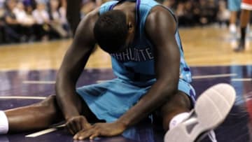 Oct 29, 2014; Charlotte, NC, USA; Charlotte Hornets guard Lance Stephenson (1) sits after falling during the second half of the game against the Milwaukee Bucks at Time Warner Cable Arena. Hornets win 108-106. Mandatory Credit: Sam Sharpe-USA TODAY Sports