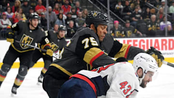 LAS VEGAS, NEVADA - FEBRUARY 17: Ryan Reaves #75 of the Vegas Golden Knights and Tom Wilson #43 of the Washington Capitals collide as they go after the puck in the third period of their game at T-Mobile Arena on February 17, 2020 in Las Vegas, Nevada. The Golden Knights defeated the Capitals 3-2. (Photo by Ethan Miller/Getty Images)
