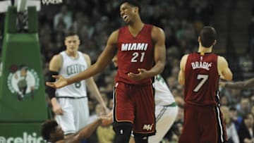 Feb 27, 2016; Boston, MA, USA; Miami Heat center Hassan Whiteside (21) reacts after getting for a foul during the second half against the Boston Celtics at TD Garden. Mandatory Credit: Bob DeChiara-USA TODAY Sports