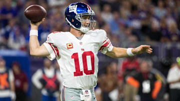 Oct 3, 2016; Minneapolis, MN, USA; New York Giants quarterback Eli Manning (10) throws during the third quarter against the Minnesota Vikings at U.S. Bank Stadium. The Vikings defeated the Giants 24-10. Mandatory Credit: Brace Hemmelgarn-USA TODAY Sports