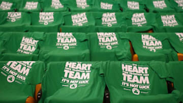 BOSTON, MA - MAY 25: Boston Celtics T-shirts are seen on seats prior to Game Five of the 2017 NBA Eastern Conference Finals between the Cleveland Cavaliers and the Boston Celtics at TD Garden on May 25, 2017 in Boston, Massachusetts. NOTE TO USER: User expressly acknowledges and agrees that, by downloading and or using this photograph, User is consenting to the terms and conditions of the Getty Images License Agreement. (Photo by Adam Glanzman/Getty Images)