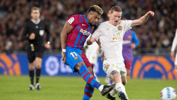 SYDNEY, AUSTRALIA - MAY 25: Adama Traore of FC Barcelona is challenged by All Stars Kye Rowles as he shoots for goal during the match between FC Barcelona and the A-League All Stars at Accor Stadium on May 25, 2022 in Sydney, Australia. (Photo by Steve Christo - Corbis/Corbis via Getty Images)