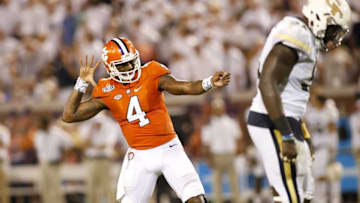 Sep 22, 2016; Atlanta, GA, USA; Clemson Tigers quarterback Deshaun Watson (4) celebrates after a touchdown pass against the Georgia Tech Yellow Jackets in the second quarter at Bobby Dodd Stadium. Mandatory Credit: Brett Davis-USA TODAY Sports