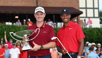 ATLANTA, GA - SEPTEMBER 23: 2018 FedEx Cup Champion Justin Rose of England (L) and TOUR Championship winner Tiger Woods of the United States (R) pose following the final round of the TOUR Championship at East Lake Golf Club on September 23, 2018 in Atlanta, Georgia. (Photo by Kevin C. Cox/Getty Images)