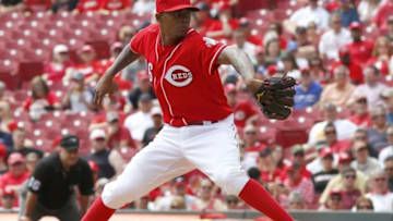 Apr 20, 2016; Cincinnati, OH, USA; Cincinnati Reds starting pitcher Raisel Iglesias throws against the Colorado Rockies during the second inning at Great American Ball Park. Mandatory Credit: David Kohl-USA TODAY Sports
