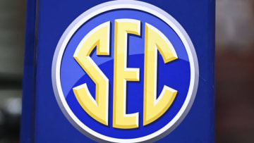 GREENVILLE, SOUTH CAROLINA - MARCH 01: The SEC logo is seen before the Texas A&M Aggies play the Vanderbilt Commodores for the first round of the SEC Women's Basketball Tournament at Bon Secours Wellness Arena on March 01, 2023 in Greenville, South Carolina. (Photo by Eakin Howard/Getty Images)