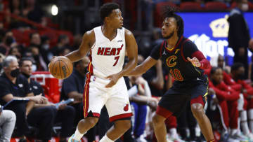 Kyle Lowry #7 of the Miami Heat is defended by Darius Garland #10 of the Cleveland Cavaliers(Photo by Michael Reaves/Getty Images)