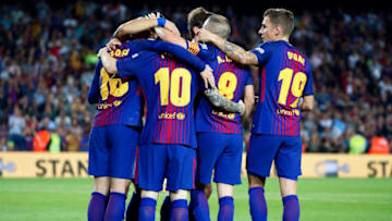 Andres Iniesta goal celebration during La Liga match between FC Barcelona v Malaga CF, in Barcelona, on October 21, 2017. (Photo by Urbanandsport/NurPhoto via Getty Images)