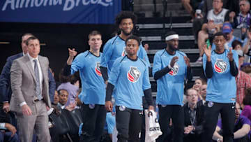 SACRAMENTO, CA - APRIL 7: The Sacramento Kings bench looks on during the game against the New Orleans Pelicans on April 7, 2019 at Golden 1 Center in Sacramento, California. NOTE TO USER: User expressly acknowledges and agrees that, by downloading and or using this photograph, User is consenting to the terms and conditions of the Getty Images Agreement. Mandatory Copyright Notice: Copyright 2019 NBAE (Photo by Rocky Widner/NBAE via Getty Images)