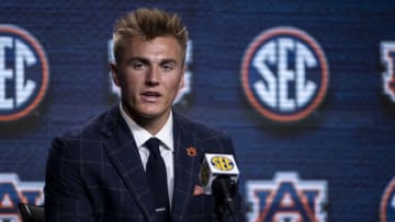 Jul 22, 2021; Hoover, Alabama, USA; Auburn Tigers quarterback Bo Nix talks with the media during SEC Media Days at Hyatt Regency Birmingham. Mandatory Credit: Vasha Hunt-USA TODAY Sports