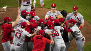 ATLANTA, GA - OCTOBER 9: The St. Louis Cardinals celebrate winning Game Five of the National League Division Series over the Atlanta Braves 13-1 at SunTrust Park on October 9, 2019 in Atlanta, Georgia. (Photo by Carmen Mandato/Getty Images)