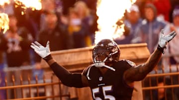 BALTIMORE, MD - DECEMBER 23: Outside Linebacker Terrell Suggs #55 of the Baltimore Ravens takes the field prior to the game against the Indianapolis Colts at M&T Bank Stadium on December 23, 2017 in Baltimore, Maryland. (Photo by Todd Olszewski/Getty Images)