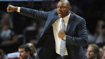 October 13, 2016; Los Angeles, CA, USA; Los Angeles Clippers head coach Doc Rivers reacts watching game action against the Portland Trail Blazers during the second half at Staples Center. Mandatory Credit: Gary A. Vasquez-USA TODAY Sports