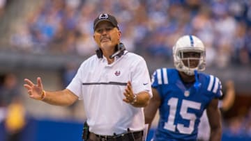 Sep 11, 2016; Indianapolis, IN, USA; Indianapolis Colts head coach Chuck Pagano argues a call in the second half of the game against the Detroit Lions at Lucas Oil Stadium. the Detroit Lions beat the Indianapolis Colts by the score of 39-35. Mandatory Credit: Trevor Ruszkowski-USA TODAY Sports