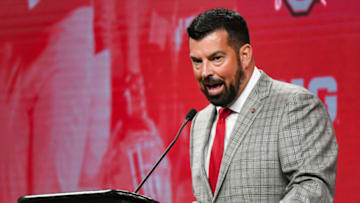Jul 26, 2023; Indianapolis, IN, USA; Ohio State Buckeyes head coach Ryan Day speaks to the media during the Big 10 football media day at Lucas Oil Stadium. Mandatory Credit: Robert Goddin-USA TODAY Sports