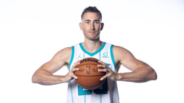 CHARLOTTE, NORTH CAROLINA - SEPTEMBER 27: Gordon Hayward #20 of the Charlotte Hornets poses for a portrait during Media Day at Spectrum Center on September 27, 2021 in Charlotte, North Carolina. NOTE TO USER: User expressly acknowledges and agrees that, by downloading and or using this photograph, User is consenting to the terms and conditions of the Getty Images License Agreement. (Photo by Jared C. Tilton/Getty Images)