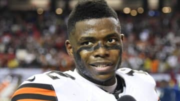 Nov 23, 2014; Atlanta, GA, USA; Cleveland Browns wide receiver Josh Gordon (12) is interviewed on the field after the game against the Atlanta Falcons at the Georgia Dome. The Browns defeated the Falcons 26-24. Mandatory Credit: Dale Zanine-USA TODAY Sports