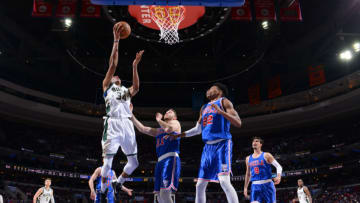 PHILADELPHIA, PA - APRIL 8: Giannis Antetokounmpo #34 of the Milwaukee Bucks shoots the ball against the Philadelphia 76ers on April 8, 2017 at Wells Fargo Center in Philadelphia, Pennsylvania. NOTE TO USER: User expressly acknowledges and agrees that, by downloading and or using this photograph, User is consenting to the terms and conditions of the Getty Images License Agreement. Mandatory Copyright Notice: Copyright 2017 NBAE (Photo by Jesse D. Garrabrant/NBAE via Getty Images)