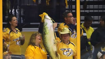NASHVILLE, TN - JUNE 03: A fan holds up a stuffed catfish prior to Game Three of the 2017 NHL Stanley Cup Final at the Bridgestone Arena on June 3, 2017 in Nashville, Tennessee. The Predators defeated the Penguins 5-1. (Photo by Bruce Bennett/Getty Images)