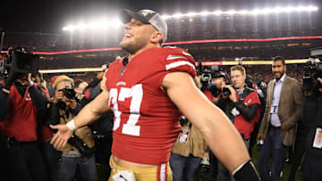 SANTA CLARA, CALIFORNIA - JANUARY 19: Nick Bosa #97 of the San Francisco 49ers celebrates after winning the NFC Championship game against the Green Bay Packers at Levi's Stadium on January 19, 2020 in Santa Clara, California. The 49ers beat the Packers 37-20. (Photo by Harry How/Getty Images)