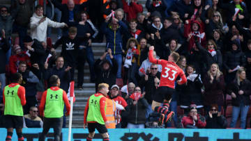 SOUTHAMPTON, ENGLAND - APRIL 27: Matt Targett of Southampton scores his team's third goal past Artur Boruc of AFC Bournemouth during the Premier League match between Southampton FC and AFC Bournemouth at St Mary's Stadium on April 27, 2019 in Southampton, United Kingdom. (Photo by Stu Forster/Getty Images)