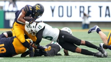 Sep 18, 2021; Berkeley, California, USA; Sacramento State Hornets cornerback Marte Mapu (15) tackles California Golden Bears running back Marcel Dancy (23) during the third quarter at FTX Field at California Memorial Stadium. Mandatory Credit: Darren Yamashita-USA TODAY Sports