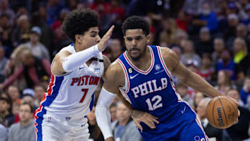 Philadelphia 76ers forward Tobias Harris (12) drives against Detroit Pistons guard Killian Hayes (7) Credit: Bill Streicher-USA TODAY Sports