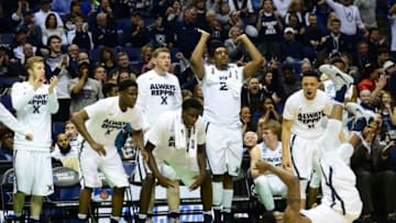 Mar 18, 2016; St. Louis, MO, USA; Xavier Musketeers forward Jalen Reynolds (1) falls on the court in front of the bench during the second half of the game in the first round against the Weber State Wildcats in the 2016 NCAA Tournament at Scottrade Center. Mandatory Credit: Jeff Curry-USA TODAY Sports