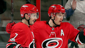 RALEIGH, NC - NOVEMBER 24: Derek Ryan #7 and Jeff Skinner #53 of the Carolina Hurricanes celebrate Ryan's goal against the Toronto Maple Leafs during the second period of an NHL game on November 24, 2017 at PNC Arena in Raleigh, North Carolina. (Photo by Gregg Forwerck/NHLI via Getty Images)