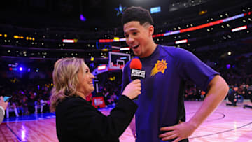 LOS ANGELES, CA - FEBRUARY 17: Devin Booker #1 of the Phoenix Suns talks on the court during State Farm All-Star Saturday Night as part of the 2018 NBA All-Star Weekend on February 17, 2018 at STAPLES Center in Los Angeles, California. NOTE TO USER: User expressly acknowledges and agrees that, by downloading and/or using this photograph, user is consenting to the terms and conditions of the Getty Images License Agreement. Mandatory Copyright Notice: Copyright 2018 NBAE (Photo by Juan Ocampo/NBAE via Getty Images)