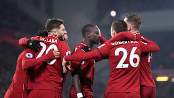 LIVERPOOL, ENGLAND - JANUARY 19: Sadio Mane of Liverpool celebrates with teammates after scoring his sides fourth goal during the Premier League match between Liverpool FC and Crystal Palace at Anfield on January 19, 2019 in Liverpool, United Kingdom. (Photo by Laurence Griffiths/Getty Images)