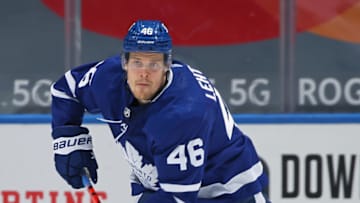 TORONTO, ON - JANUARY 18: Mikko Lehtonen #46 of the Toronto Maple Leafs skates the puck in his first NHL game against the Winnipeg Jets at Scotiabank Arena on January 18. 2021 in Toronto, Ontario, Canada. (Photo by Claus Andersen/Getty Images)