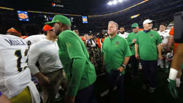 ARLINGTON, TEXAS - DECEMBER 29: Head coach Brian Kelly of the Notre Dame Fighting Irish walks on the field after being defeated by the Clemson Tigers during the College Football Playoff Semifinal Goodyear Cotton Bowl Classic at AT&T Stadium on December 29, 2018 in Arlington, Texas. Clemson defeated Notre Dame 30-3. (Photo by Kevin C. Cox/Getty Images)