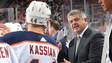 EDMONTON, AB - SEPTEMBER 18: Todd McLellan of the Edmonton Oilers speaks to Zack Kassian