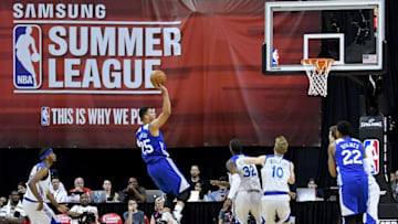 Jul 12, 2016; Las Vegas, NV, USA; Philadelphia 76ers forward Ben Simmons (25) shoots during an NBA Summer League game against the Golden State Warriors at Thomas & Mack Center. Mandatory Credit: Stephen R. Sylvanie-USA TODAY Sports
