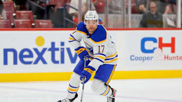 Apr 4, 2023; Sunrise, Florida, USA; Buffalo Sabres center Tyson Jost (17) moves the puck during the first period against the Florida Panthers at FLA Live Arena. Mandatory Credit: Sam Navarro-USA TODAY Sports