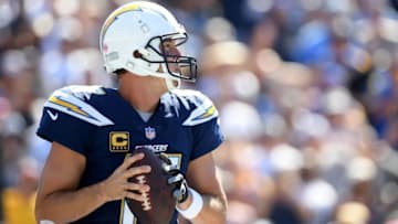 LOS ANGELES, CA - SEPTEMBER 23: Philip Rivers #17 of the Los Angeles Chargers prepares to pass during the game against the Los Angeles Rams at Los Angeles Memorial Coliseum on September 23, 2018 in Los Angeles, California. (Photo by Harry How/Getty Images)