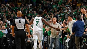 BOSTON, MA - APRIL 17: Jaylen Brown #7 of the Boston Celtics reacts to a play against the Milwaukee Bucks in Game Two of Round One of the 2018 NBA Playoffs on April 17, 2018 at TD Garden in Boston, Massachusetts. NOTE TO USER: User expressly acknowledges and agrees that, by downloading and or using this Photograph, user is consenting to the terms and conditions of the Getty Images License Agreement. Mandatory Copyright Notice: Copyright 2018 NBAE (Photo by Brian Babineau/NBAE via Getty Images)