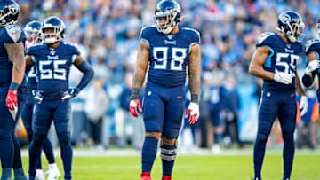 NASHVILLE, TN - NOVEMBER 24: Jeffery Simmons #98 of the Tennessee Titans lines up for the next play during the first half of a game against the Jacksonville Jaguars at Nissan Stadium on November 24, 2019 in Nashville, Tennessee. The Titans defeated the Jaguars 42-20. (Photo by Wesley Hitt/Getty Images)