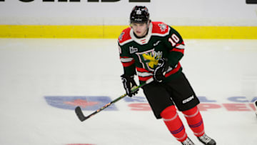 Jan 25, 2023; Langley, BC, CANADA; CHL Top Prospects team red forward Mathieu Cataford (22) warms up in the CHL Top Prospects ice hockey game at Langley Events Centre. Mandatory Credit: Anne-Marie Sorvin-USA TODAY Sports