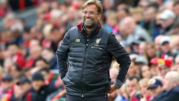 LIVERPOOL, ENGLAND - SEPTEMBER 22: Jurgen Klopp, Manager of Liverpool reacts during the Premier League match between Liverpool FC and Southampton FC at Anfield on September 22, 2018 in Liverpool, United Kingdom. (Photo by Alex Livesey/Getty Images)