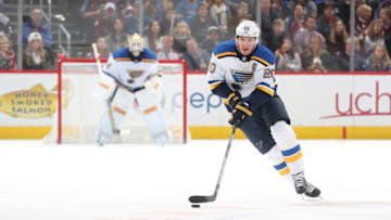 DENVER, CO - APRIL 07: Alexander Steen #20 of the St. Louis Blues skates with the puck against the Colorado Avalanche at the Pepsi Center on April 7, 2018 in Denver, Colorado. The Avalanche defeated the Blues 5-2. (Photo by Michael Martin/NHLI via Getty Images)