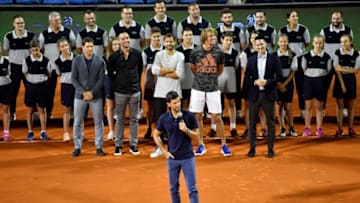 Serbian tennis player Novak Djokovic gives a speach after the final match between Austrian tennis player Dominic Thiem and Serbian tennis player Filip Krajinovic at the Adria Tour, Novak Djokovic's Balkans charity tennis tournament in Belgrade on June 14, 2020. - The ATP and WTA Tours have been suspended since March due to the COVID-19 pandemic and will not resume at least until the end of July 2020. (Photo by Andrej ISAKOVIC / AFP) (Photo by ANDREJ ISAKOVIC/AFP via Getty Images)
