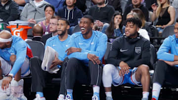 SACRAMENTO, CA - MARCH 19: Garrett Temple #17, Iman Shumpert #4 and Frank Mason III #10 of the Sacramento Kings look on during the game against the Detroit Pistons on March 19, 2018 at Golden 1 Center in Sacramento, California. NOTE TO USER: User expressly acknowledges and agrees that, by downloading and or using this photograph, User is consenting to the terms and conditions of the Getty Images Agreement. Mandatory Copyright Notice: Copyright 2018 NBAE (Photo by Rocky Widner/NBAE via Getty Images)