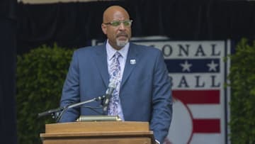 Jul 25, 2015; Cooperstown, NY, USA; MLBPA Executive Director Tony Clark speaks in recognition of the work that Curt Flood did for players right during the Awards Presentation at National Baseball Hall of Fame. Mandatory Credit: Gregory J. Fisher-USA TODAY Sports