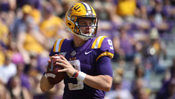 BATON ROUGE, LOUISIANA - OCTOBER 05: Quarterback Joe Burrow #9 of the LSU Tigers looks to throw ball against the Utah State Aggiesat Tiger Stadium on October 05, 2019 in Baton Rouge, Louisiana. (Photo by Chris Graythen/Getty Images)